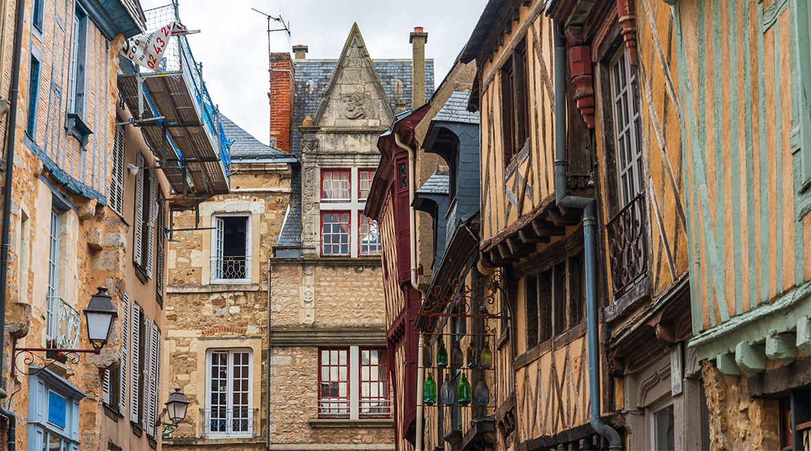 Half-timbered houses in a quaint street of historic buildings