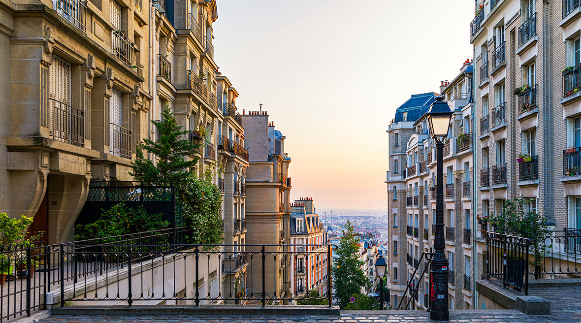 View of cozy street in quarter Montmartre in Paris, France. 