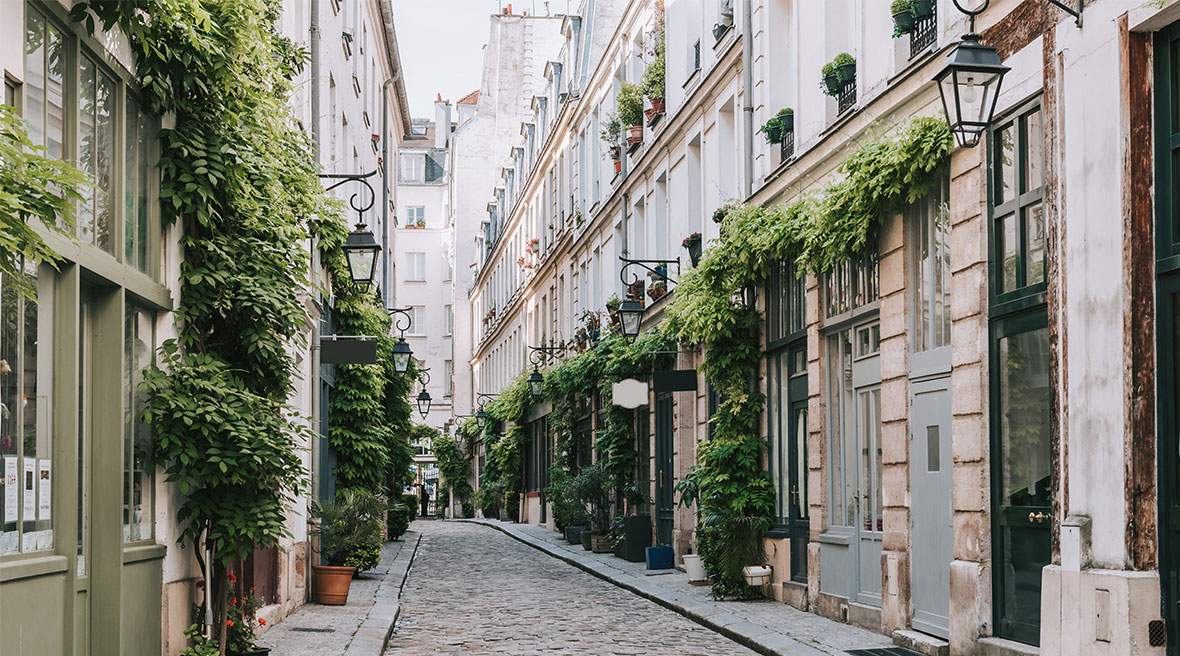 Cosy street in Paris lines with doorways and ivy covered walls 