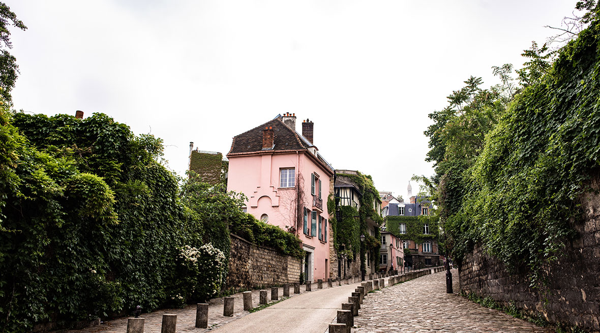 In Paris France, view of Rue de l'Abreuvoir, a charming and historic street in the Montmartre neighborhood