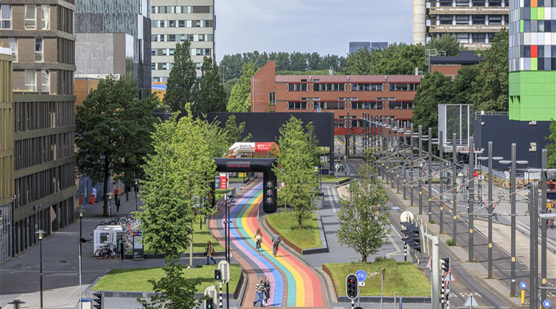 Utrecht’s Science Park district with its rainbow cycle path and tram connections to the city centre