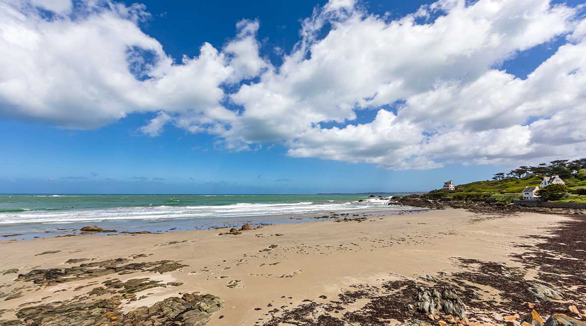 A sandy beach with large scudding clouds above in a deep blue sky