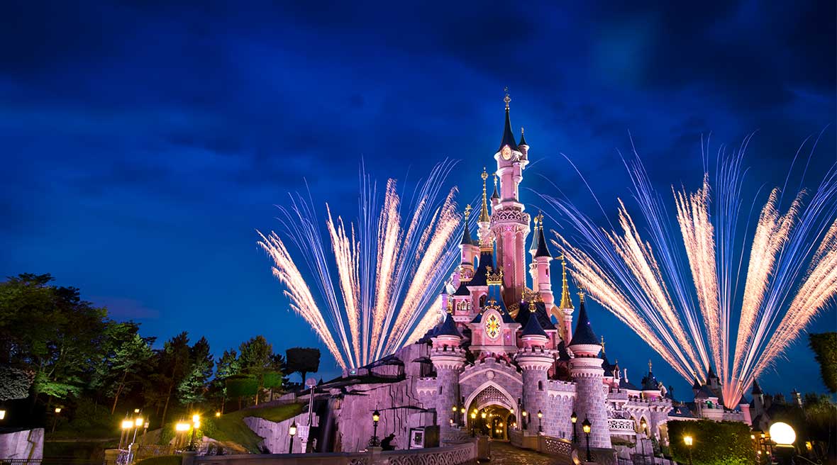 Fireworks near Sleeping Beauty castle in Disneyland Paris