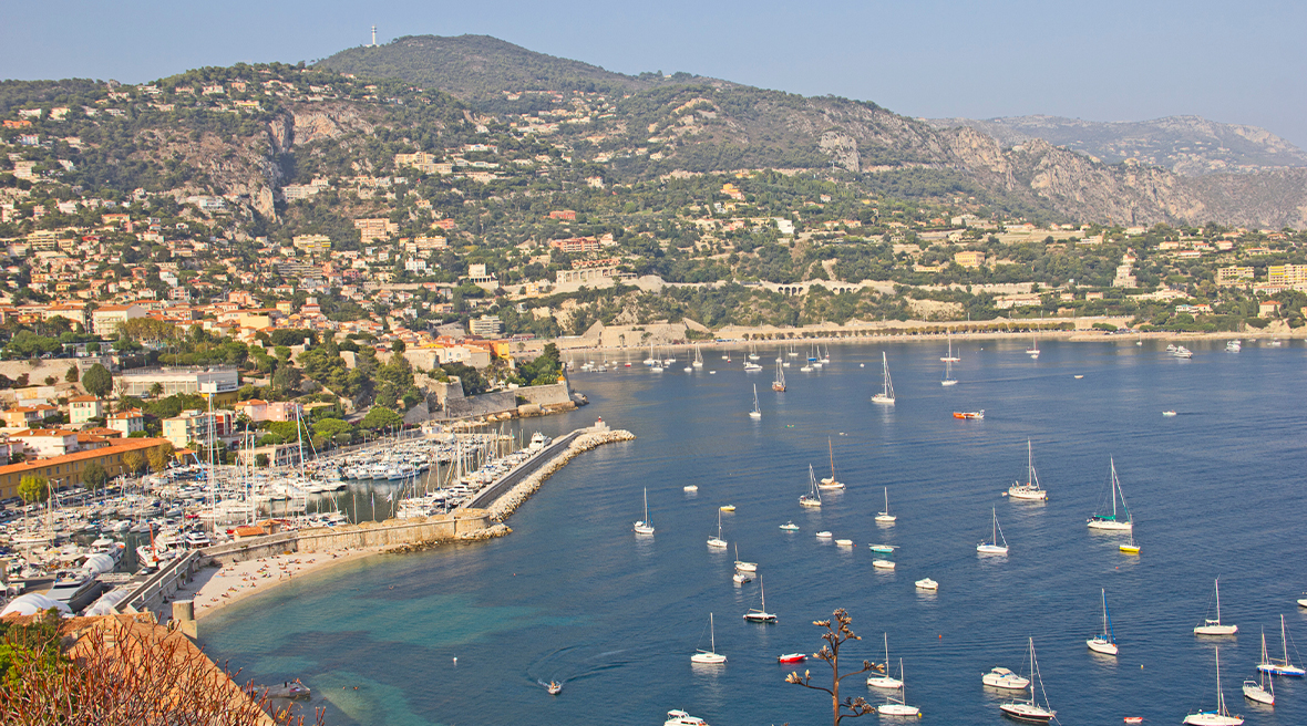Aerial view of streets and landmarks. Villefranche-sur-Mer, Nice, Cote d'Azur, French Riviera.