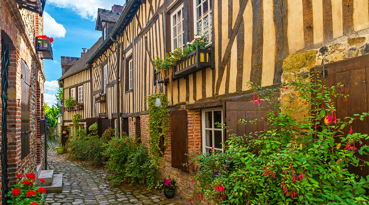 Half-timbered houses in a cobbled street, with flowers growing up the walls and in window boxes
