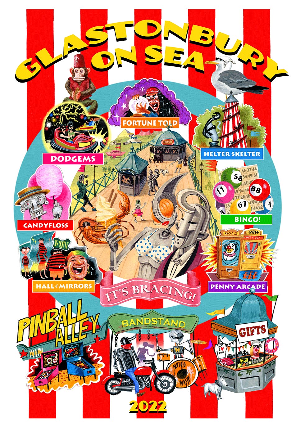 Poster vintage coloré de Glastonbury présentant les différentes attractions