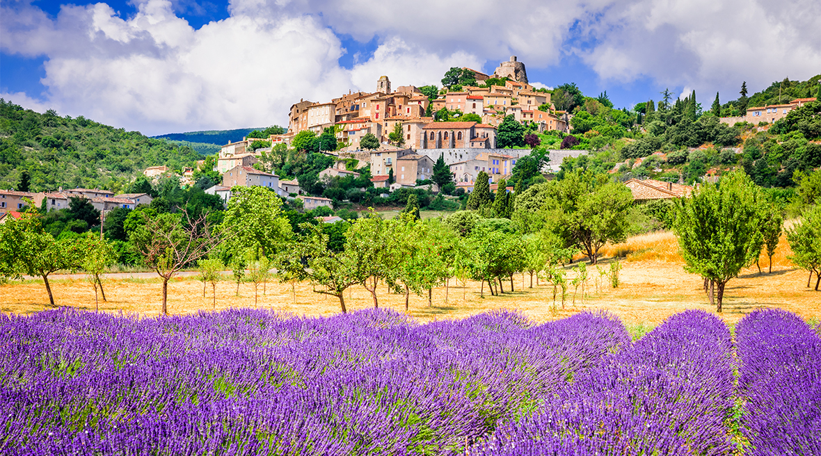 Medieval town on hillside, before it a purple lavender field, trees and wooded hills.