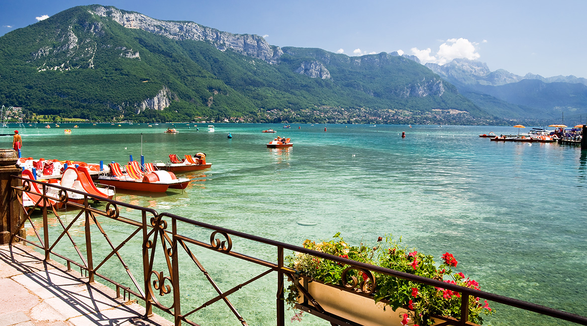 Pedal boats atop the waters of Lake Annecy.